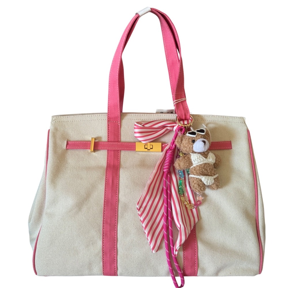 Boatkin Inspired SOL MER Pink Cream Canvas Charm Bag Large Tote Shoulder Bag